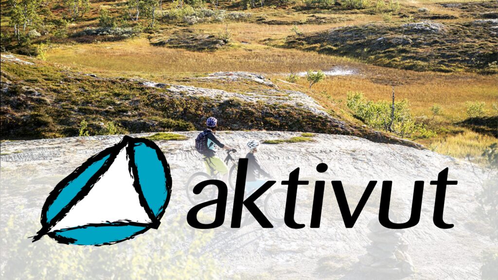 AktivUt Travels logga med cyklister längs St Olavsleden i bakgrunden