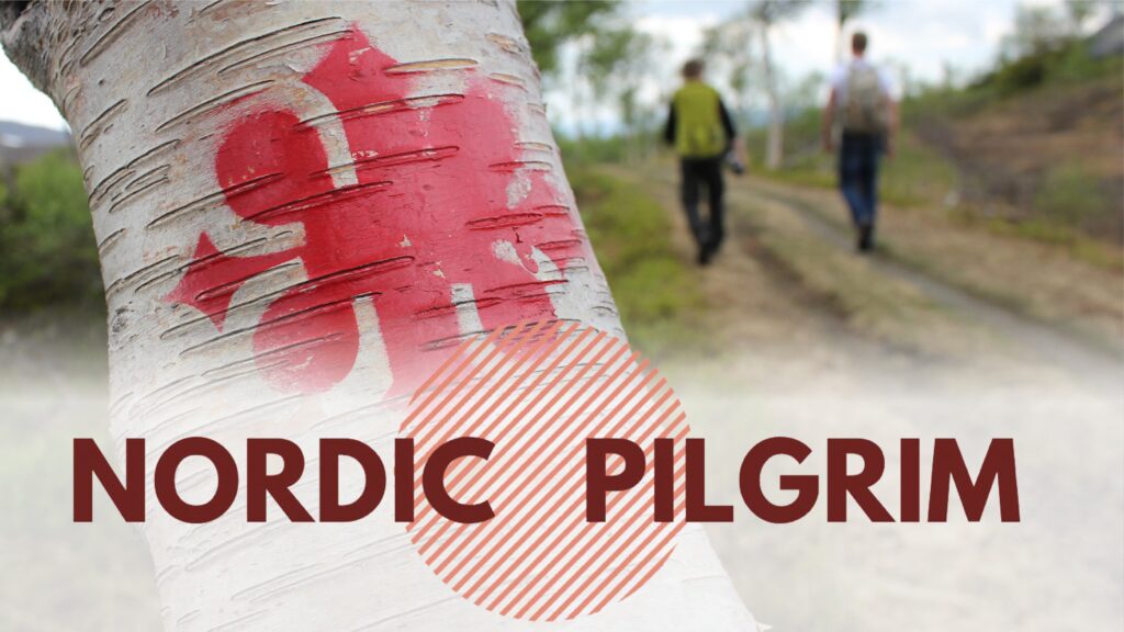 Logo for Nordic Pilgrim on a picture of two hikers.